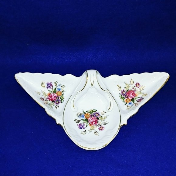 Trinket Dish Handled Hand Painted Floral Raised Detailing Gold Trim 3 Sections - Picture 2 of 7